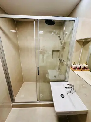 a bathroom with a shower and a white sink at Old Town Prague Apartment in Prague