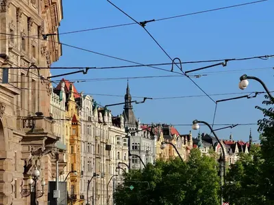 a view of a city street with buildings at Apartment Divadelni - Historic Center & steps from Charles Bridge in Prague