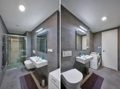 two pictures of a bathroom with two sinks and a toilet at Residence Kobrova with free parking in Prague
