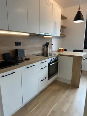 a kitchen with white cabinets and a wooden floor at Vinice house in Prague