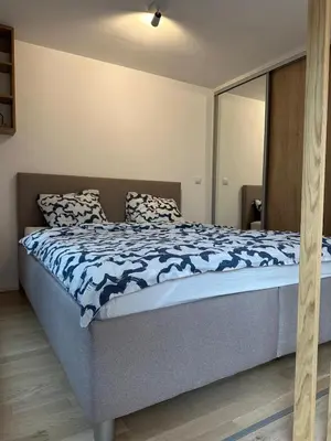 a bedroom with a bed with a mirror at Vinice house in Prague