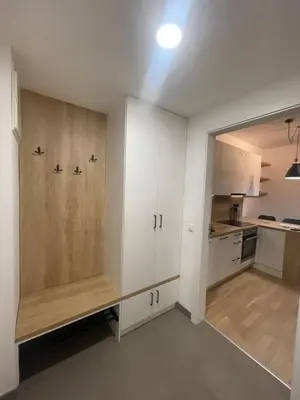 a kitchen with white cabinets and a counter top at Vinice house in Prague