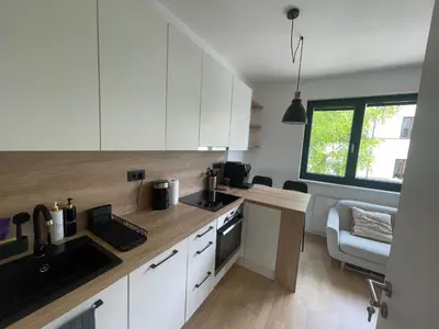 a kitchen with white cabinets and a counter top at Vinice house in Prague