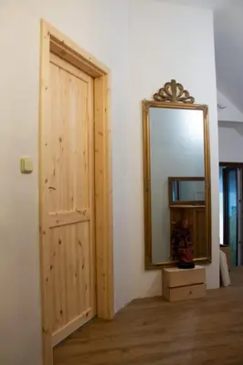 a bathroom with a wooden door and a mirror at Ráj za humny in Černé Voděrady