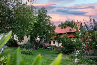 a house in a yard with trees and flowers at Ráj za humny in Černé Voděrady