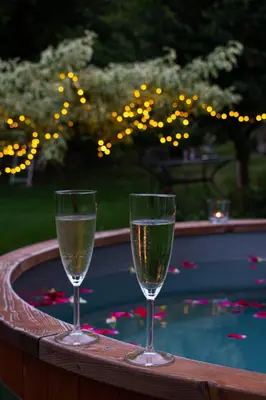 two glasses of champagne sitting on a rail next to a swimming pool at Ráj za humny in Černé Voděrady