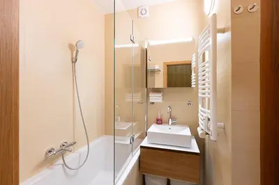 a bathroom with a sink and a shower at Sunny apartment in Prague