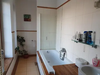 a bathroom with a bath tub and a sink at Statek U Šimla in Lážovice