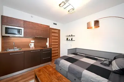 a bedroom with a bed and a sink in it at New Apartment in Heart of Prague in Prague