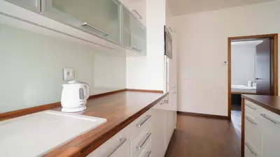 a kitchen with white cabinets and a white sink at Botanical Escape Apartment in Prague