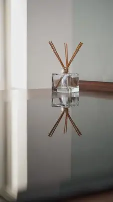 a glass vase on a glass table with wooden sticks at Botanical Escape Apartment in Prague