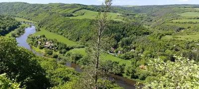 an aerial view of a river in a valley at Tee-pee u Honzíka in Zbečno