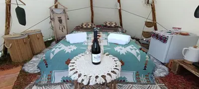 a room with a bed with a bottle of wine on a table at Tee-pee u Honzíka in Zbečno