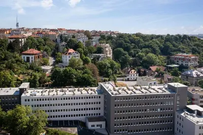 an aerial view of a city with buildings and trees at Vila Grebovka in Prague