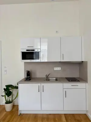 a white kitchen with a sink and a microwave at Apartment with free garage parking in Prague