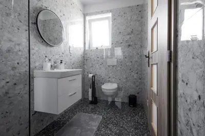 a bathroom with a toilet and a sink and a mirror at Pool Villa Mukařov in Srbín