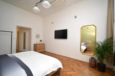 a bedroom with a bed and a mirror and a tv at Central one bedroom apartment in Prague