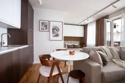 a living room with a couch and a table at Modern studio with terrace in Prague