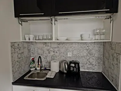 a kitchen with a sink and a counter top at Apartmán Grébovka in Prague