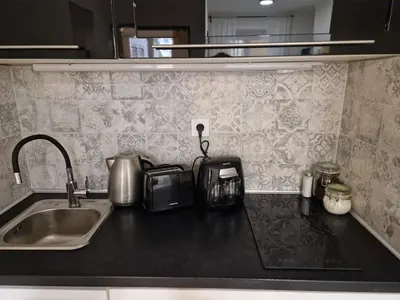 a kitchen counter with a sink and a toaster at Apartmán Grébovka in Prague