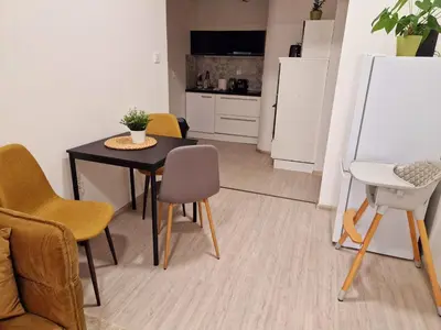a kitchen and dining room with a table and chairs at Apartmán Grébovka in Prague