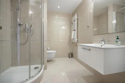 a bathroom with a shower and a sink and a toilet at Modern apartment with parking in Prague