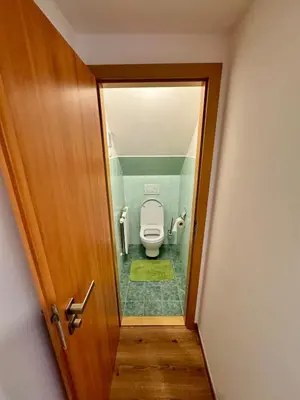 a small bathroom with a toilet in a room at Klidné ubytování u Prahy in Sluhy