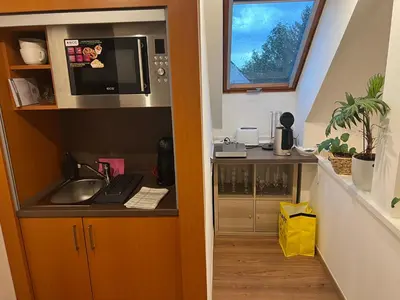 a kitchen with a sink and a microwave at Klidné ubytování u Prahy in Sluhy
