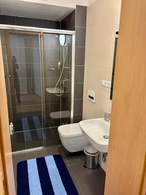 a bathroom with a shower and a toilet and a sink at Royal Stay Wenceslas Square in Prague
