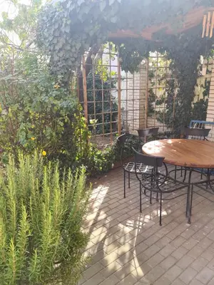 a patio with a table and chairs and plants at Rodinný dům v Praze s bazénem in Prague