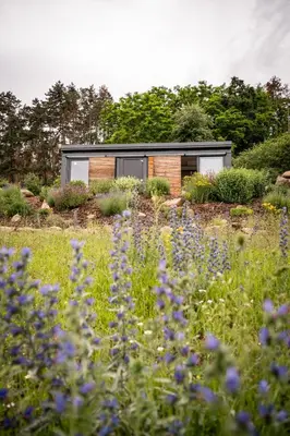 a house in a garden with flowers in the foreground at Tiny House Sedla in Velká