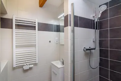 a bathroom with a shower and a toilet and a sink at Sokol House New Town in Prague