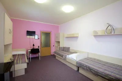 a room with two beds and a desk in it at Hotel Junior Poděbrady in Poděbrady