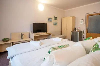 a room with two beds and a flat screen tv at Hotel Junior Poděbrady in Poděbrady