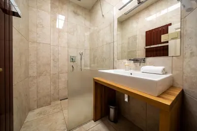 a bathroom with a sink and a shower at Dušní Street Gem in Prague