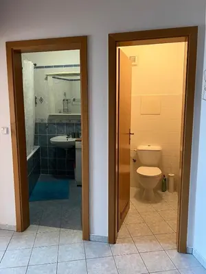 a bathroom with a toilet and a sink at A large 1 bedroom apartment with an available private parking in Prague