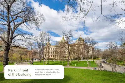 a building with a park in front of the building at HOMELY I Central 38m2 APT I ELEVATOR I Self Check-In in Prague