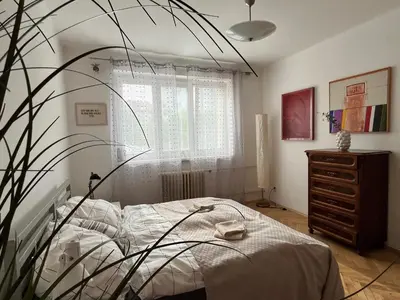 a bedroom with a bed and a dresser at Home By The River in Prague