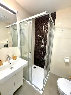 a bathroom with a shower and a white sink at Museum Garden Stay in Prague