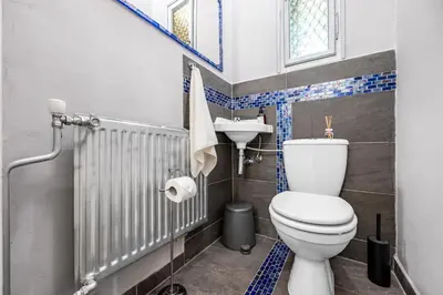 a bathroom with a toilet and a sink at Baroque Grand Apartment XXL - City Center - 160 m2 in Prague