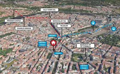a map of a city with roads and signs at Baroque Grand Apartment XXL - City Center - 160 m2 in Prague