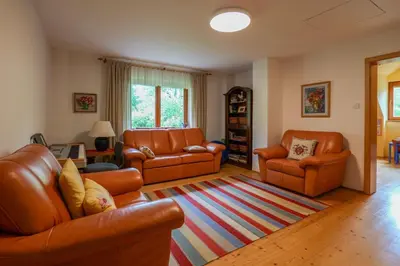 a living room with leather furniture and a rug at Beautiful house by the river with its own dock in Rabyně
