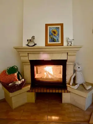 a fireplace in a living room with a fire place at Beautiful house by the river with its own dock in Rabyně