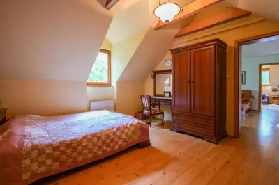 a bedroom with a bed and a desk at Beautiful house by the river with its own dock in Rabyně