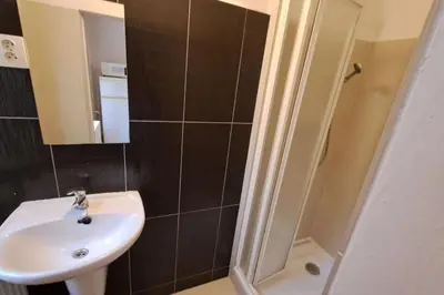 a bathroom with a sink and a shower at Skyline Nest on Borivojova in Prague