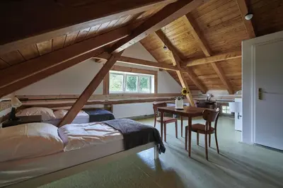 a bedroom with a bed and a desk and a table at Hájovna u Bažantnice in Pěčice