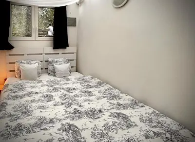 a bedroom with a bed and two windows at PodPrahou - Na Petynce in Prague