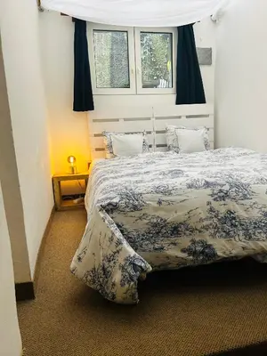 a bedroom with a bed with a blue and white comforter at PodPrahou - Na Petynce in Prague