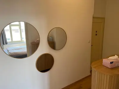two mirrors on a wall in a room at myPoděbrady apartment in Poděbrady