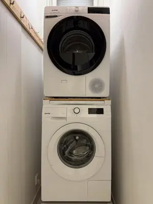 a dryer and a washing machine in a room at Lotus Apartment Riverside stay in Prague
